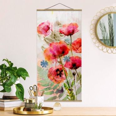 Quadro su tessuto con stecche per poster - Acquerello fiori di papavero - Verticale 2:1