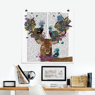 Poster - Fowler - cervo con Piccioni - Quadrato 1:1