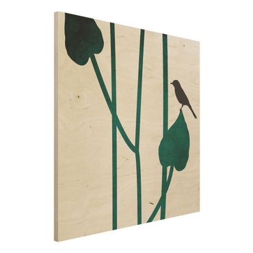 Stampa su legno - Mondo vegetale grafico - Uccellino su una foglia - Quadrato 1:1