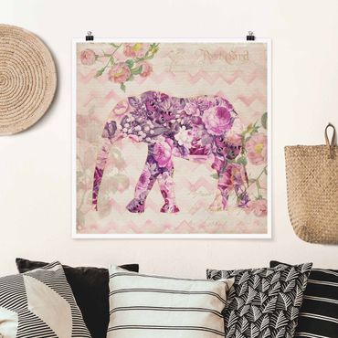 Poster - Vintage Collage - Pink Elephant Fiori - Quadrato 1:1