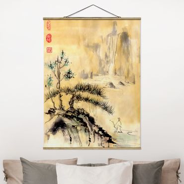 Foto su tessuto da parete con bastone - Giapponesi Acquerello cedri e Monti - Verticale 4:3