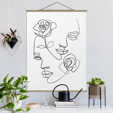 Foto su tessuto da parete con bastone - Line Art Faces donne Roses Bianco e nero - Verticale 4:3