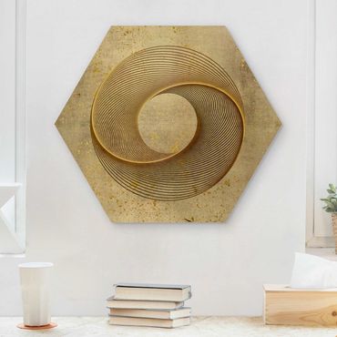 Esagono in legno - Line Art cerchio d'oro a spirale