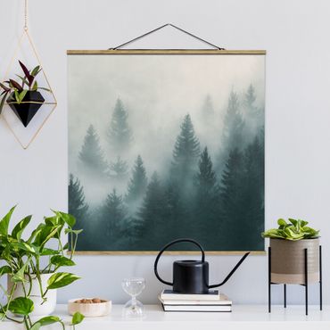 Quadro su tessuto con stecche per poster - Foresta di conifere In Nebbia - Quadrato 1:1