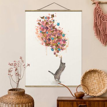 Foto su tessuto da parete con bastone - Laura Graves - Illustrazione del gatto con farfalle colorate Pittura - Verticale 4:3