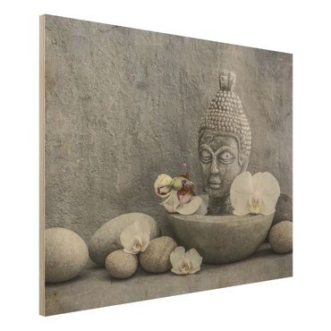 Stampa su legno - Zen Buddha, orchidee e pietre - Orizzontale 3:4