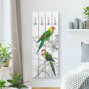 Appendiabiti in legno - Grafico parete Vintage Due pappagalli Verde Rosso - Ganci cromati - Verticale