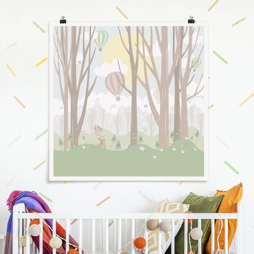 Poster - Sun con alberi e Mongolfiere - Quadrato 1:1