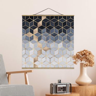 Quadro su tessuto con stecche per poster - Elisabeth Fredriksson - Bianco d'oro Geometria Blu - Quadrato 1:1