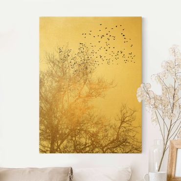 Quadro su tela oro - Stormo di uccelli davanti ad un albero dorato