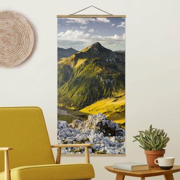 Quadro su tessuto con stecche per poster - Montagne e valle delle Alpi Lechtal in Tirolo - Verticale 2:1
