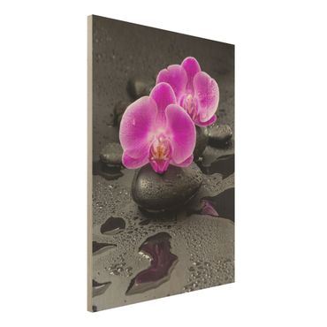 Stampa su legno - Pink Orchid Fiori Sulle Pietre Con Le Gocce - Verticale 4:3