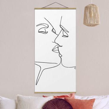 Quadro su tessuto con stecche per poster - Line Art bacio Faces Bianco e nero - Verticale 2:1
