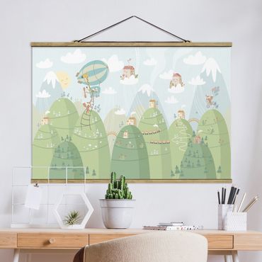 Foto su tessuto da parete con bastone - Foresta con case e animali - Orizzontale 2:3
