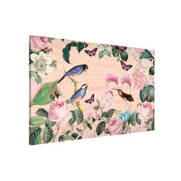Lavagna magnetica - Vintage Collage - rose e uccelli - Formato orizzontale 3:2
