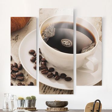 Stampa su tela - Steaming Coffee Cup With Coffee Beans - Trittico da galleria