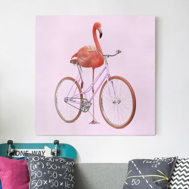 Stampa su tela - Flamingo con la bicicletta - Quadrato 1:1