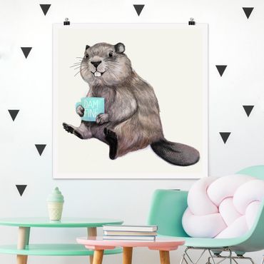 Poster - Illustrazione Beaver con tazza di caffè - Quadrato 1:1