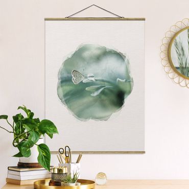 Foto su tessuto da parete con bastone - Acquarelli - Farfalla E gocce di rugiada In Pastel Verde - Verticale 4:3