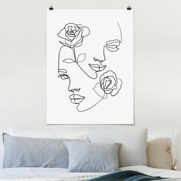 Poster - Line Art Faces donne Roses Bianco e nero - Verticale 4:3