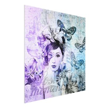 Stampa su Forex - Shabby Chic Collage - Ritratto Con Le Farfalle - Quadrato 1:1