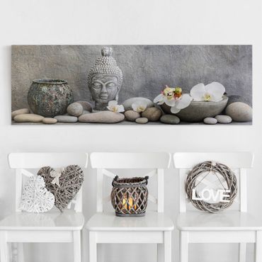 Stampa su tela - Zen Buddha con orchidee bianche - Panoramico