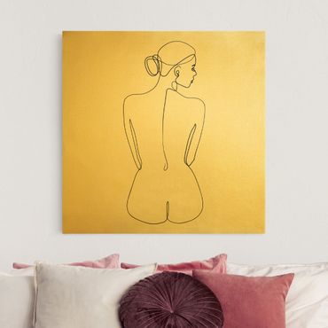Quadro su tela oro - Line Art nudo di schiena femminile in bianco e nero