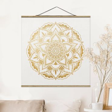 Quadro su tessuto con stecche per poster - Mandala Fiore Oro Bianco - Quadrato 1:1