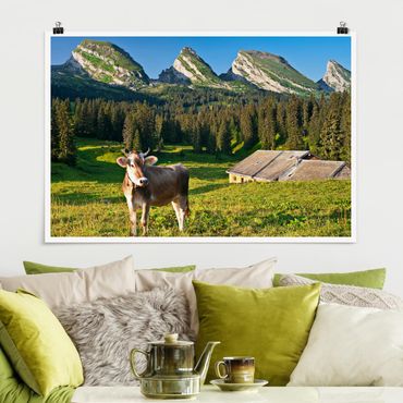 Poster - Swiss Alpine Prato con la mucca - Orizzontale 2:3