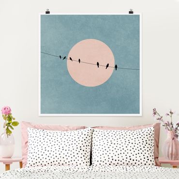 Poster - Uccelli davanti a sole rosa I - Quadrato 1:1