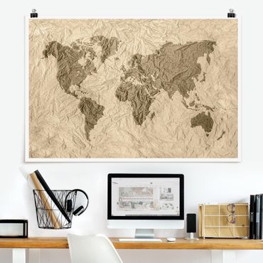 Poster - Paper World Map Beige Marrone - Orizzontale 2:3