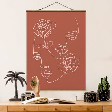 Foto su tessuto da parete con bastone - Line Art Faces donne Roses rame - Verticale 4:3