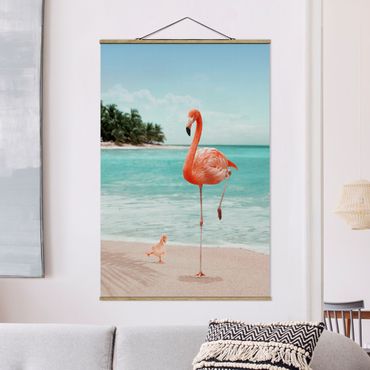 Foto su tessuto da parete con bastone - Spiaggia Con Flamingo - Verticale 3:2