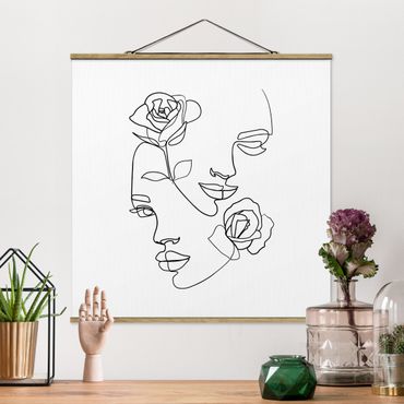 Quadro su tessuto con stecche per poster - Line Art Faces donne Roses Bianco e nero - Quadrato 1:1