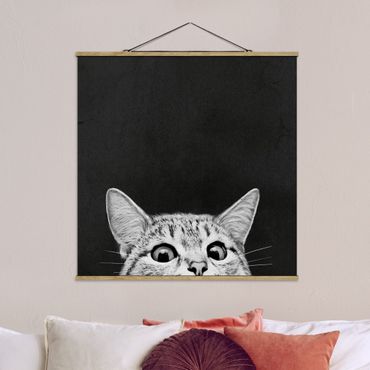 Quadro su tessuto con stecche per poster - Laura Graves - Illustrazione Gatto Bianco e nero Disegno - Quadrato 1:1