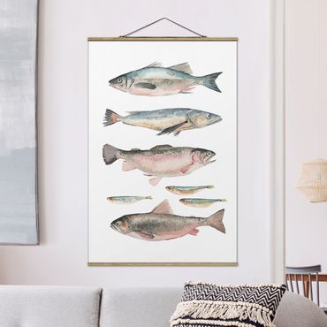 Foto su tessuto da parete con bastone - Seven Fish in acquerello I - Verticale 3:2