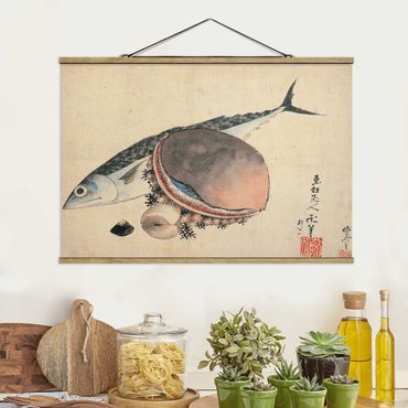 Foto su tessuto da parete con bastone - Katsushika Hokusai - Conchiglie sgombro e del mare - Orizzontale 2:3