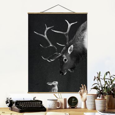 Foto su tessuto da parete con bastone - Laura Graves - Illustrazione Cervi E coniglio pittura Bianco e nero - Verticale 4:3