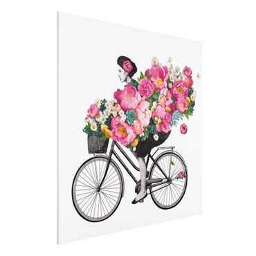 Stampa su Forex - Illustrazione Donna in bicicletta Collage fiori variopinti - Quadrato 1:1