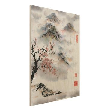 Stampa su legno - Giapponese disegno ad acquerello Ciliegio E Montagne - Verticale 4:3