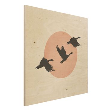 Stampa su legno - Uccelli davanti al sole rosa III - Quadrato 1:1