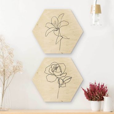 Esagono in legno - Line Art Flowers Nero Set Bianco