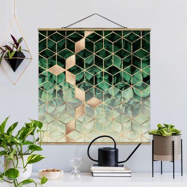 Quadro su tessuto con stecche per poster - Elisabeth Fredriksson - Verde Foglie d'oro Geometria - Quadrato 1:1