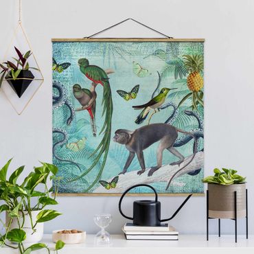 Quadro su tessuto con stecche per poster - Coloniale Collage - Scimmie e uccelli del paradiso - Quadrato 1:1