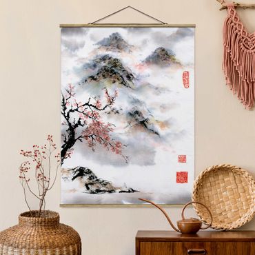 Foto su tessuto da parete con bastone - Giapponese disegno ad acquerello Ciliegio E Montagne - Verticale 4:3