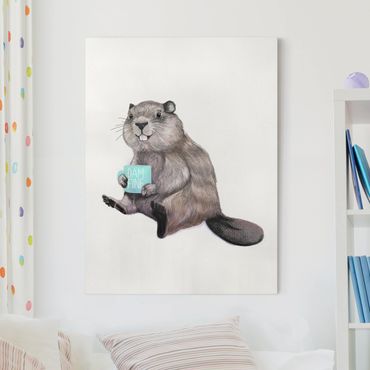 Quadri su tela - Illustrazione Beaver con tazza di caffè