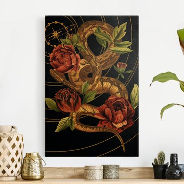 Quadro su tela oro - Serpente con rose in nero e oro IV