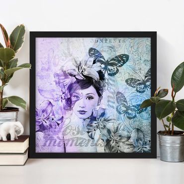 Poster con cornice - Shabby Chic Collage - Ritratto Con Le Farfalle - Quadrato 1:1