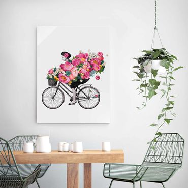 Quadro in vetro - Illustrazione Donna in bicicletta Collage fiori variopinti - Verticale 4:3