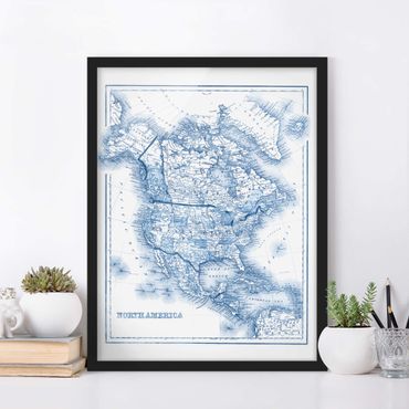 Poster con cornice - Mappa In Toni Di Blu - America Del Nord - Verticale 4:3